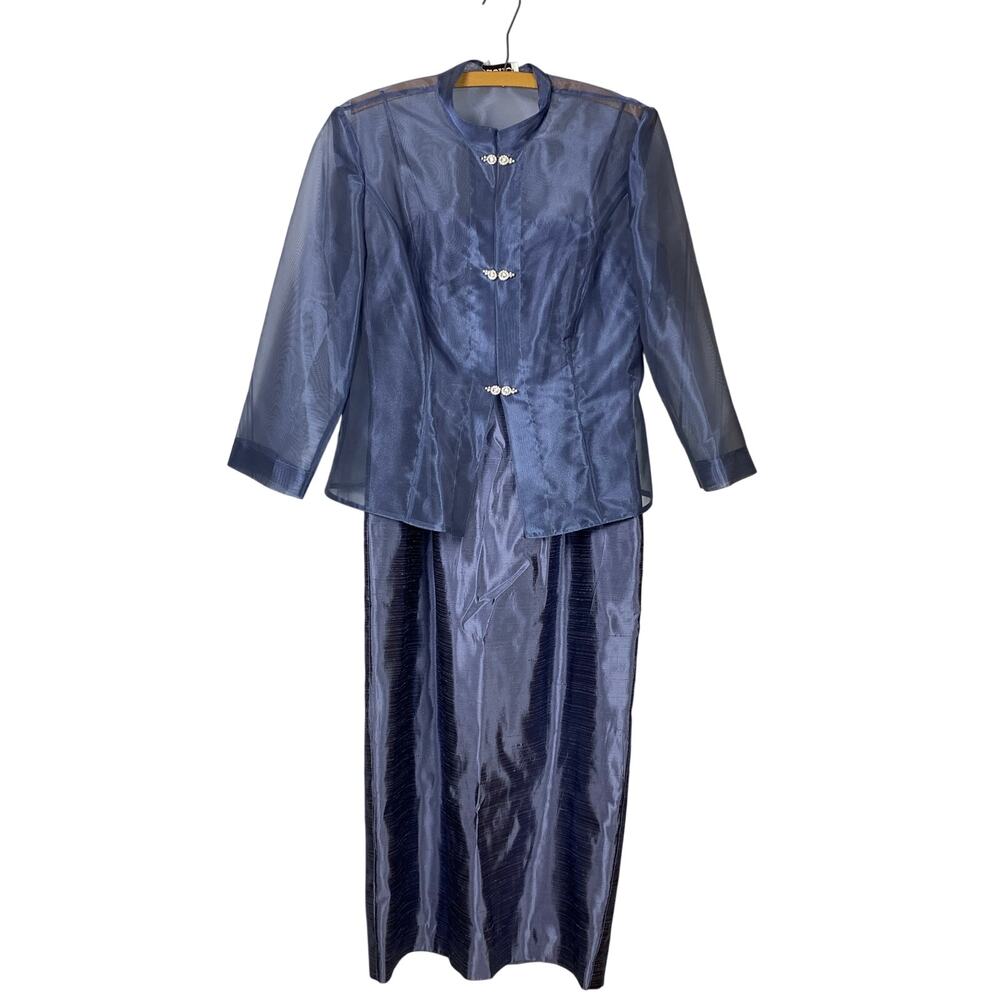 Cachet Formal Maxi Dress Blue Gray Satin Chiffon Jacket 10 Formal